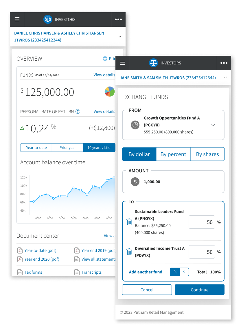 Putnam Investments Account Overview and Exchange transaction mobile page examples
